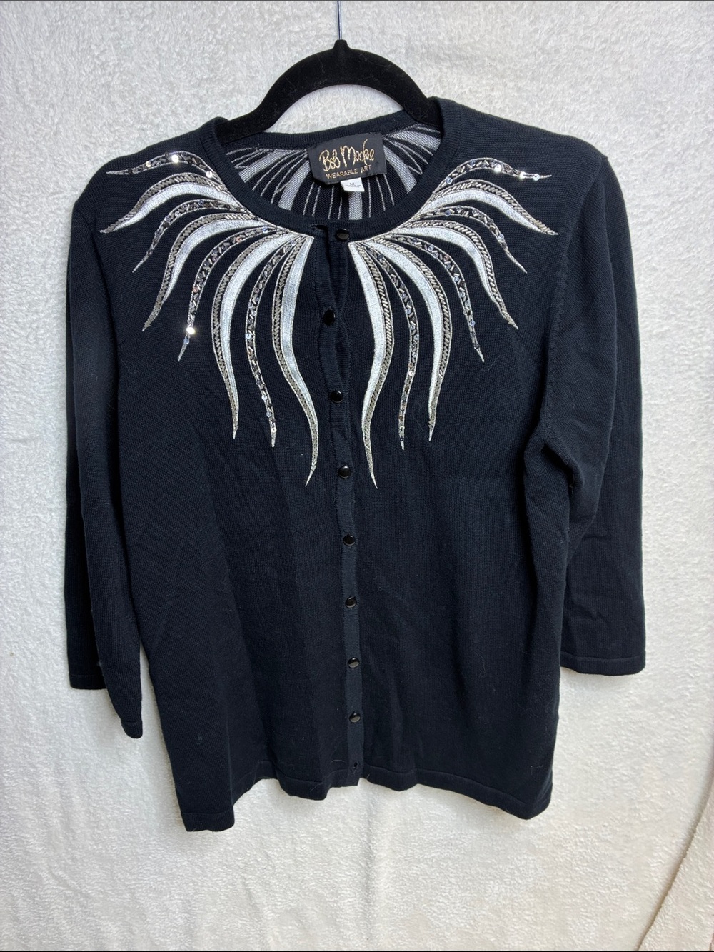 Bob Mackie Black Cardigan with Silver Sunburst Embellished Collar